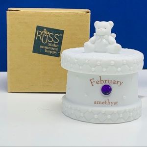 February Amethyst trinket box teddy bear Russ Vtg